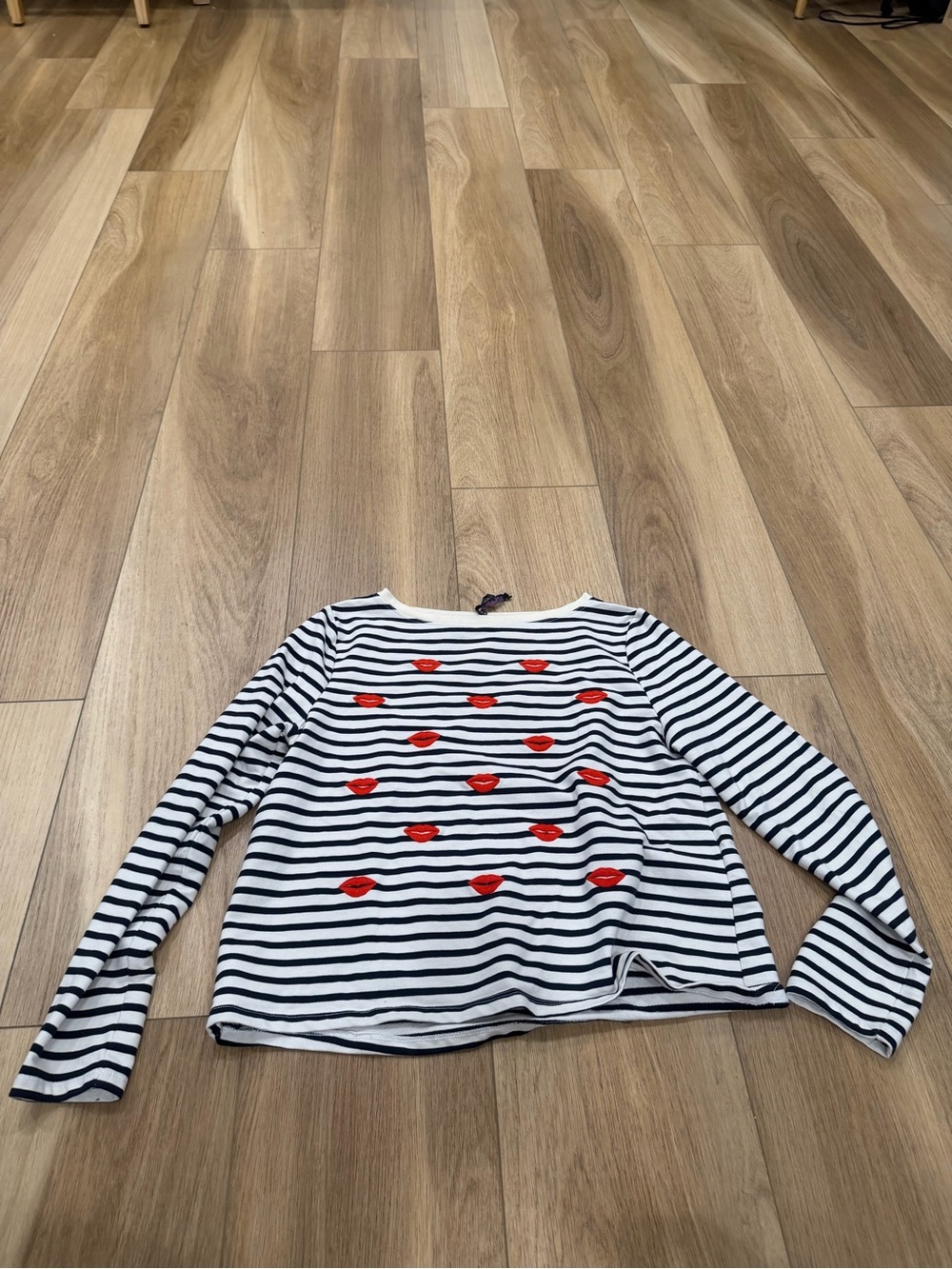 Betsey Johnson Striped Long-Sleeve Top with Red Lip Prints
